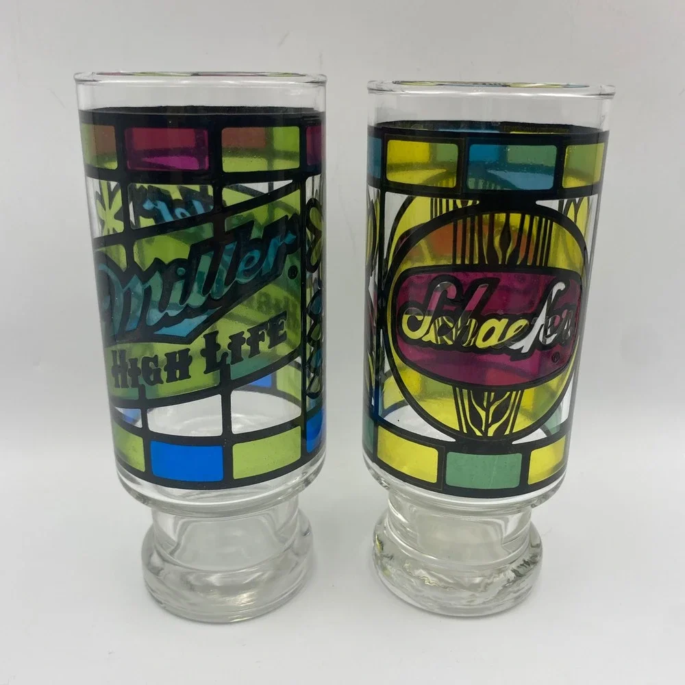 Vintage Stained Glass Beer Glasses Set of 6 PBR Miller Schlitz Falstaff Schaefer